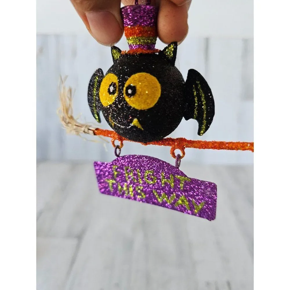 Pier 1‎ glitter owl ornament Halloween fright broom rare vintage décor
